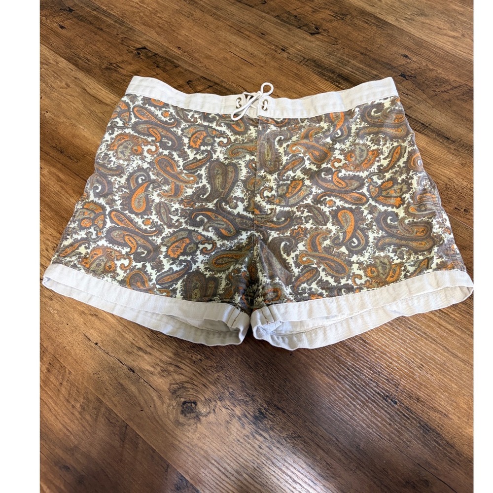 Vintage Jantzen Paisley Shorts Brown Orange Lace Up Made in USA 38